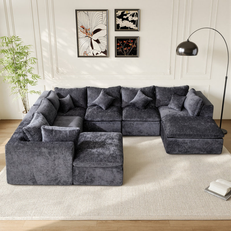 8-Piece Modular Compression Upholstered Sectional Sofa, 25.6" H x 145" W x 113" D, Gray Chenille