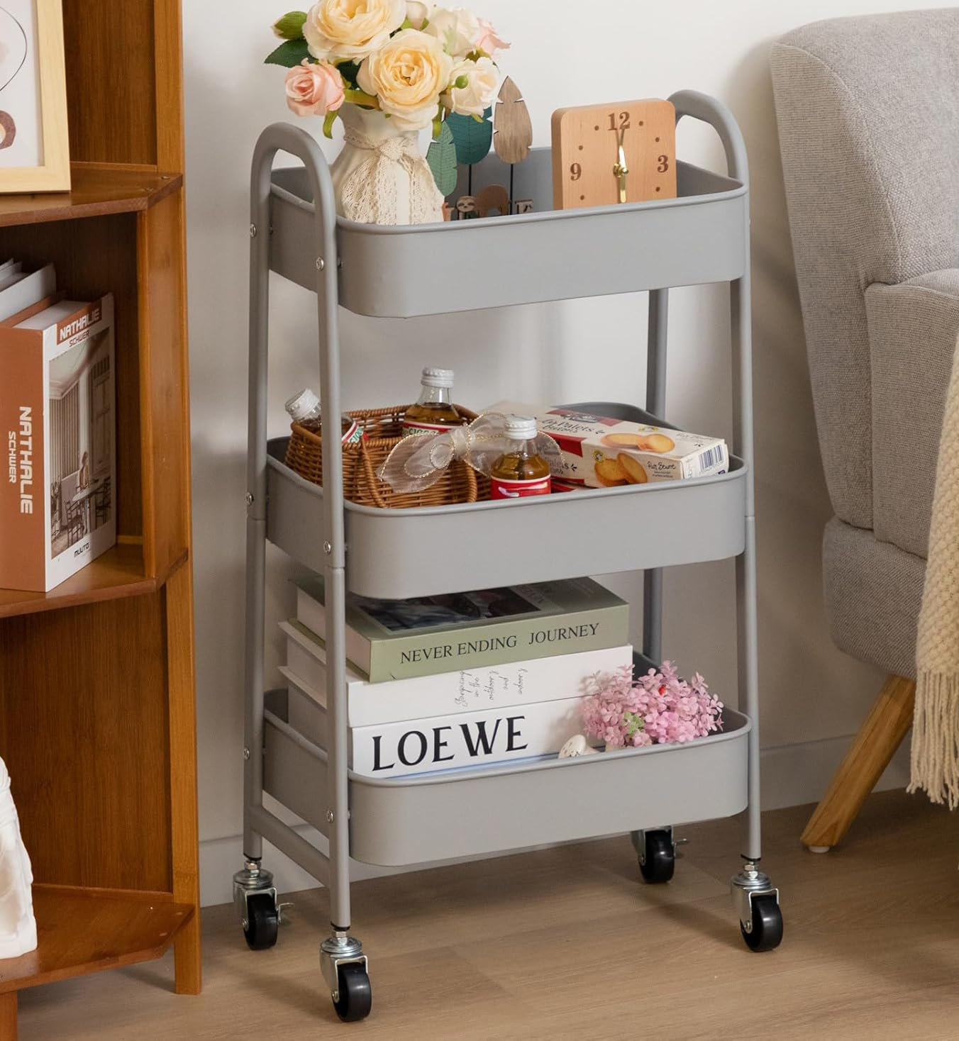 AGTEK Makeup Cart, Movable Rolling Organizer Cart, 3 Tier Metal Utility Cart With Lockable Wheels For - View #7