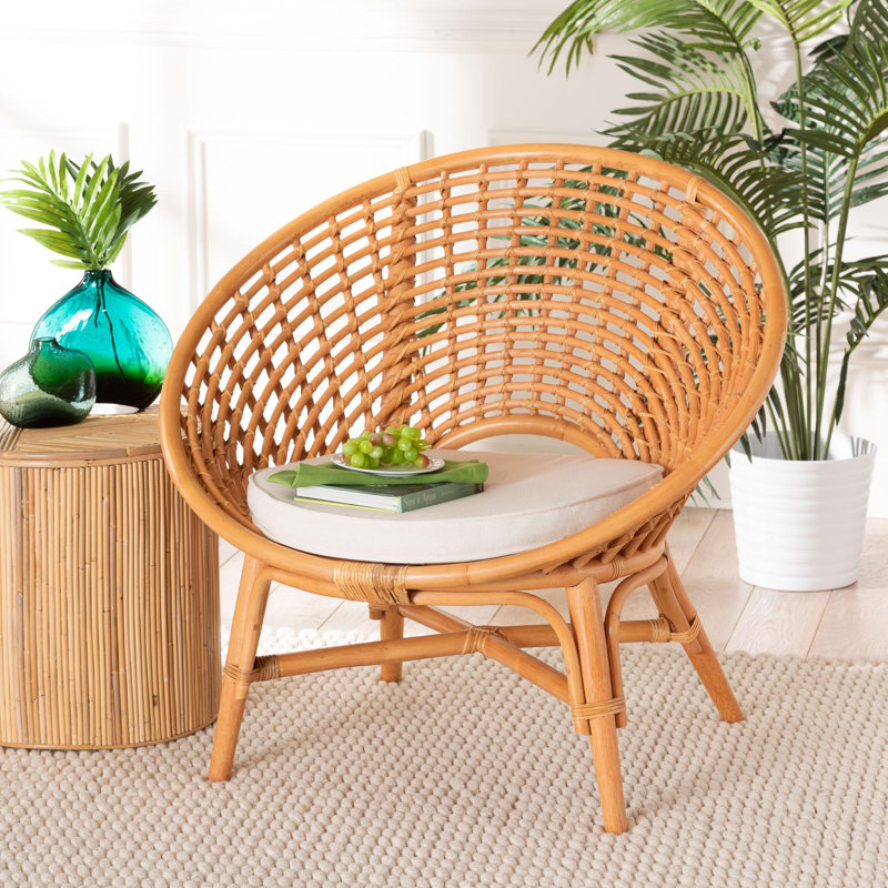Handcrafted Natural Rattan Bohemian Accent Chair with White Cushion