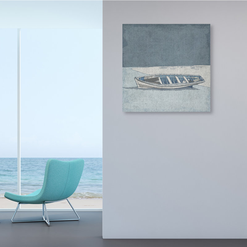 Paysage de plage en barque bleue monochrome par Ynon Mabat - peinture, H 30 po x l 30 po, Toile tendue