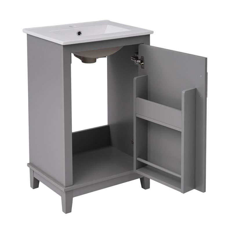 Petit meuble-lavabo moderne avec lavabo en céramique, grand rangement, 1 porte à fermeture en douceur