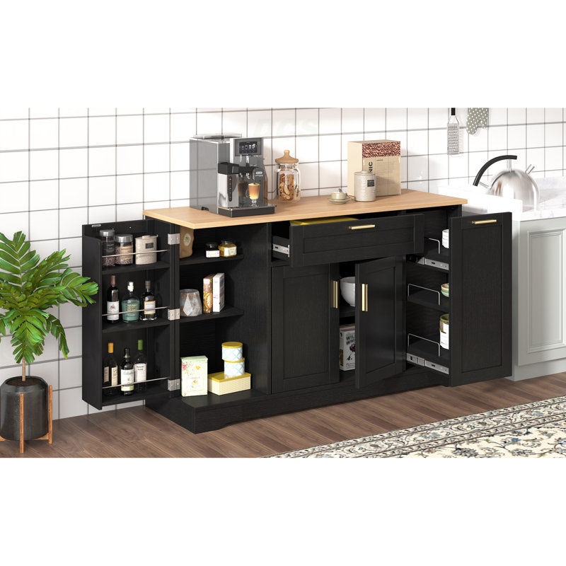 Multi-Functional Storage Sideboard, Extendable Dining Table, Adjustable Shelves, 3-Tier Pull-Out Rack, Kitchen Island Storage For Kitchen, Dining Room, Living Room (Black), Kitchen Island