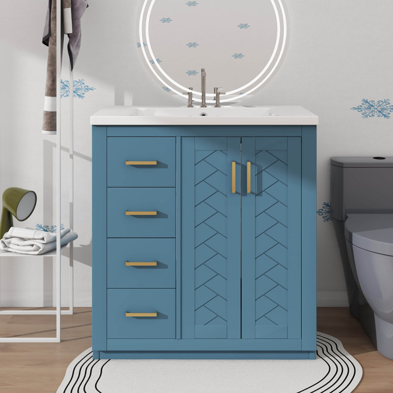 Armoire de salle de bain moderne autoportante simple 30 po avec 3 tiroirs spacieux, Indigo, Doré