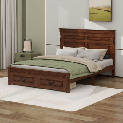Bed With Tall-Panel Headboard & Footboard, 2 Storage Drawers, Built-In LED Lights, Pinewood Bed With Strengthened Bed Frame