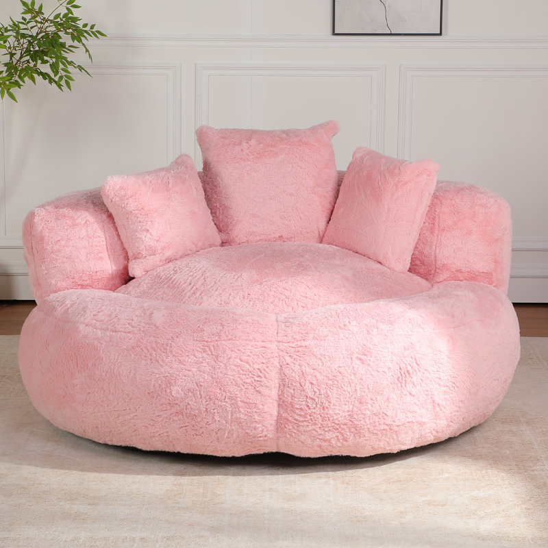 55" W Giant Adult Round Faux Fur  Compression Foam Filled Bean Bag Sofa With 3 Back Pillows, No Assembly, Pink Faux Leather