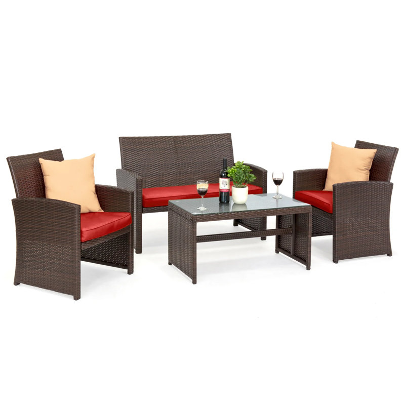 4-Piece Outdoor Wicker Patio Conversation Furniture Set w/ Table, Cushions, Red/Brown