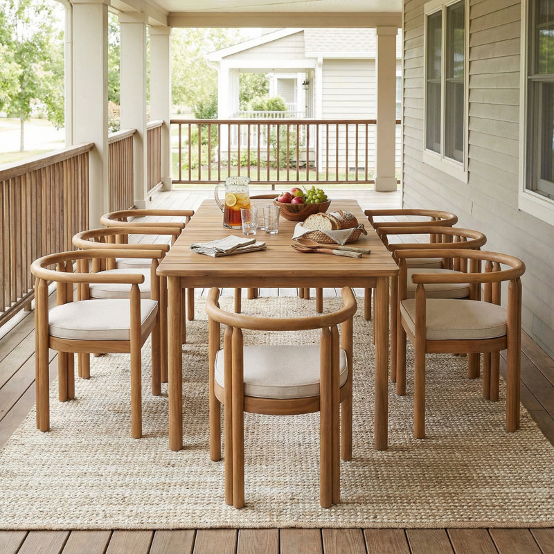 Bayshore 9-Piece  Modern Coastal Acacia Wood Outdoor Dining Set With Cushioned Armchairs