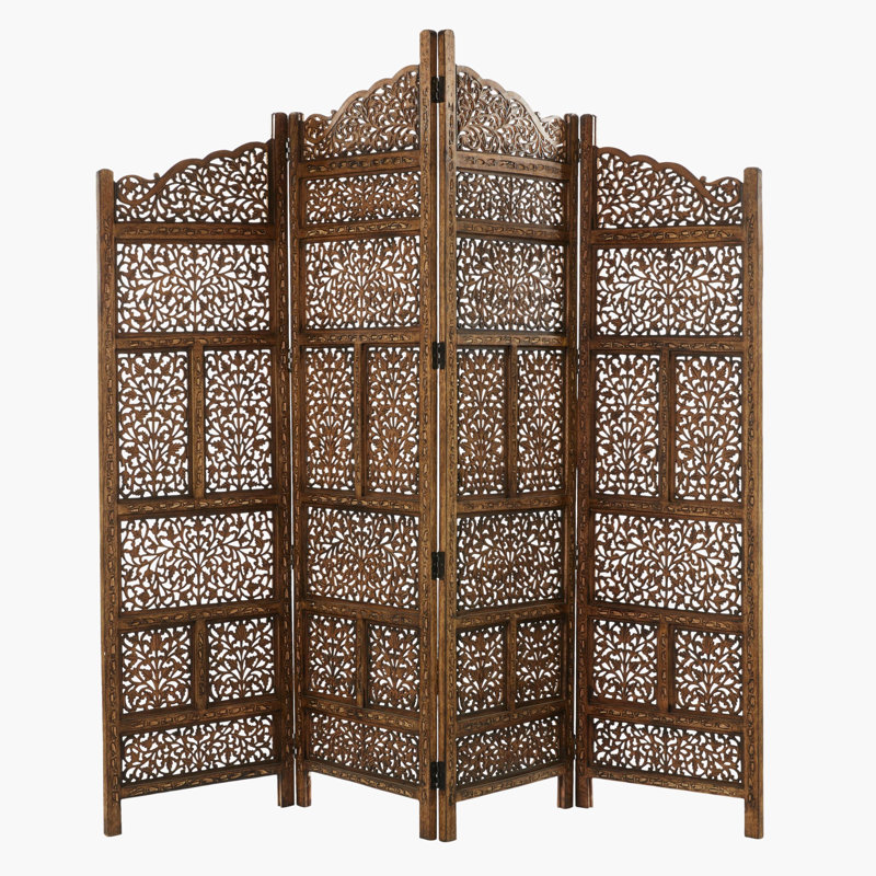 Paravent en bois pliable à 4 panneaux avec motifs sculptés complexes