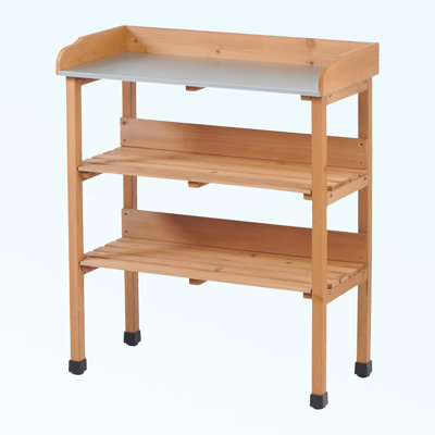 30″ Solid Wood Potting Table With Metal Top, 3-tier Outdoor Workbench For Effortless Gardening