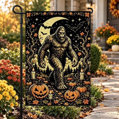 Halloween Welcome Garden Flag ,Double Sided 12x18 Inch Yard Flags,Black yellow bigfoot moon