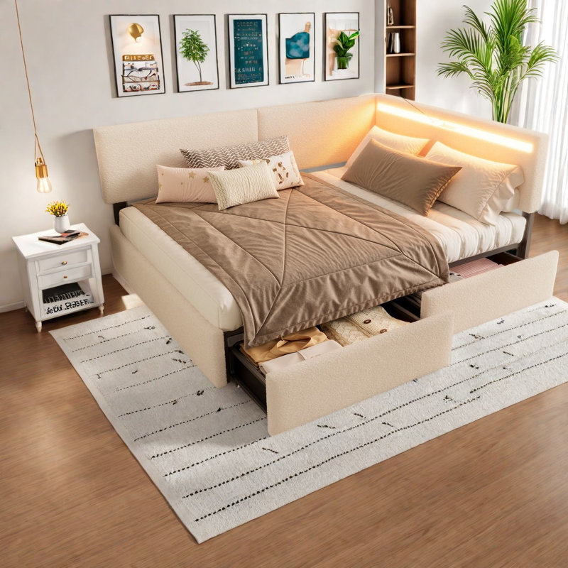 Lits doubles modernes avec rangement, éclairage DEL USB, revêtement en molleton beige et cadre en bois