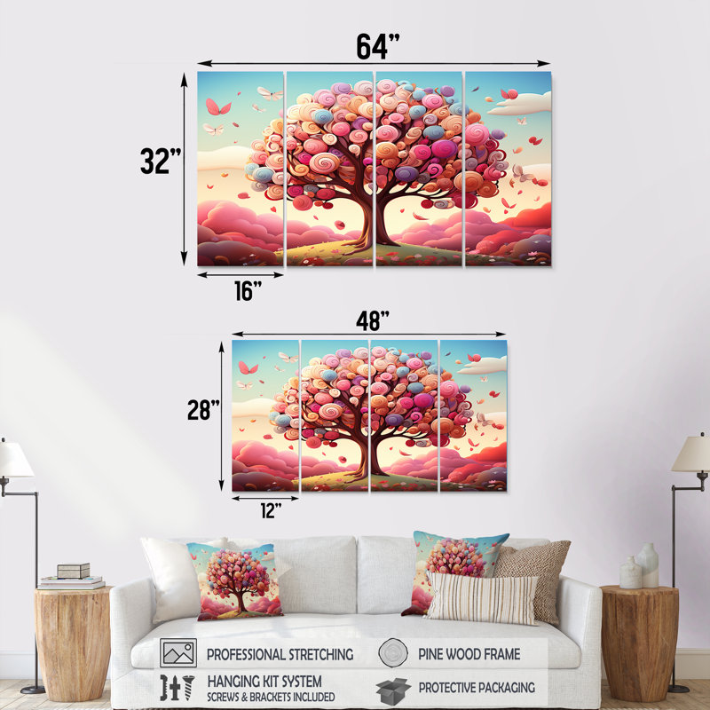 Popart, rose et bleu, arbre magique - arbre, art mural 4 pièces pour le salon, H 28 po x l 48 po