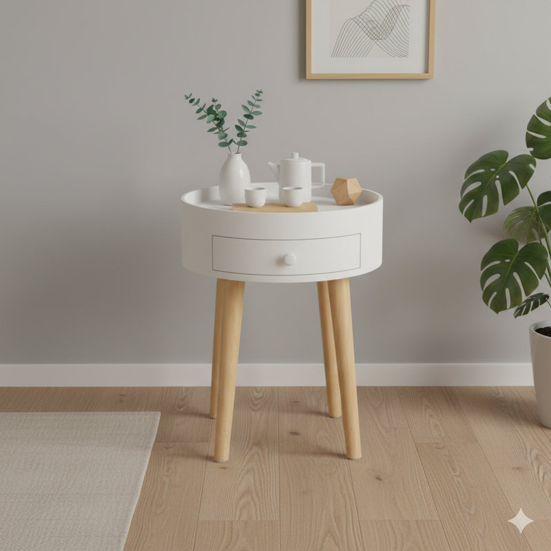 Table de chevet de 18 po de hauteur avec tiroir de rangement et pieds en chêne, pouvant également servir de chevet, de canapé ou de table basse pour la chambre à coucher et le salon, blanc