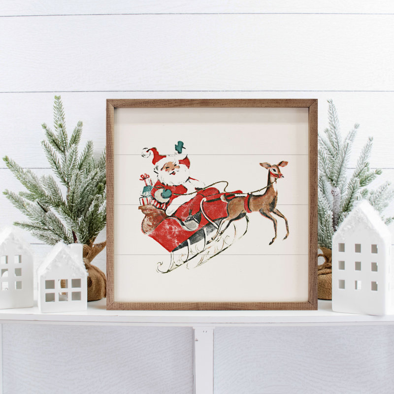Père Noël et renne rétro, H 16 po x l 16 po