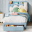 Ensemble de 2 cadres de lit simple pour enfants - lit plateforme tapissier avec grand tiroir de rangement et tête de lit bibliothèque, revêtement en velours, silencieux, assemblage facile, aucun sommier tapissier requis, bleu
