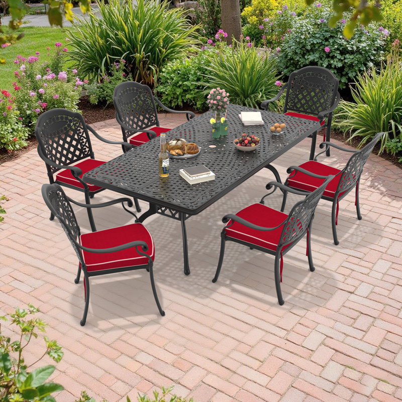 Ensemble de table de salle à manger rectangulaire en aluminium moulé avec passe-parapluie et coussins Ridge L 82,68 po, 6