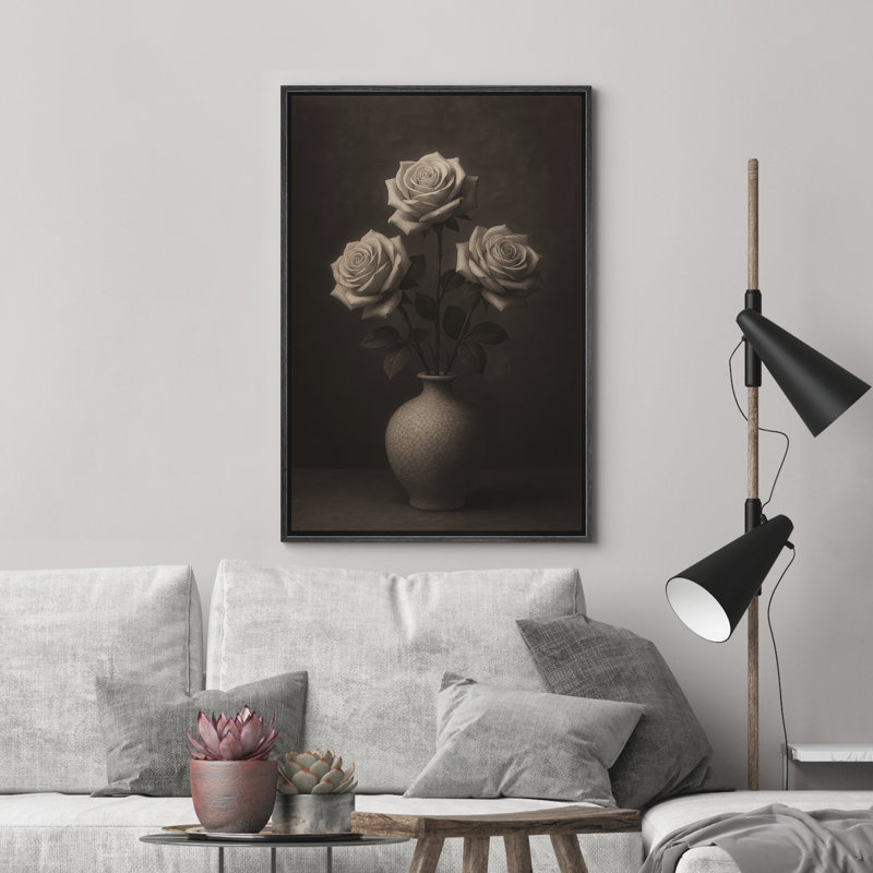 «Three Roses White in Elegant Vase Floral Still Life», reproduction d'art sur toile encadrée dans la chambre principale, Noir