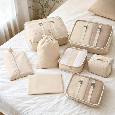 Storage Sack Set 7-Piece Khaki Travel Organizer Set Luggage Bags For Clothes Shoes And Cosmetics To Help Keep Your Suitcase Neatly