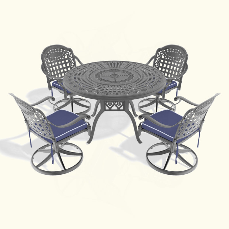 Ensemble de salle à manger 5 pièces en aluminium coulé résistant aux intempéries, comprenant 4 chaises pivotantes et une table ronde avec cadre noir