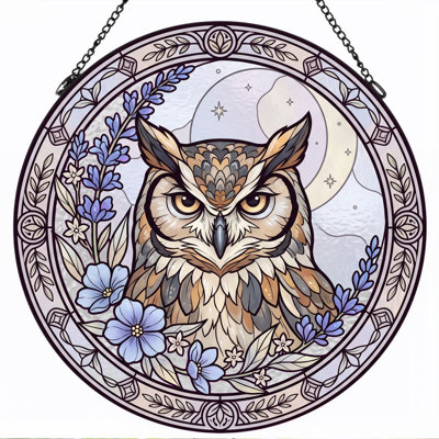 Owl Floral Stained Glass Window Panel，12"H