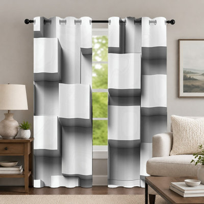 Ensemble de 2 rideaux géométriques blancs, style contemporain 3D, imprimé dégradé minimaliste à œillets, idéal pour la décoration de chambre et de salon.