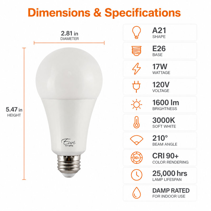 Ampoule DEL Euri Lighting A21, 17 W, 1 600 lm, équivalent 100 W, 3 000 K, culot E26, réglable, CEC/JA8, UL, 3000 Kelvins
