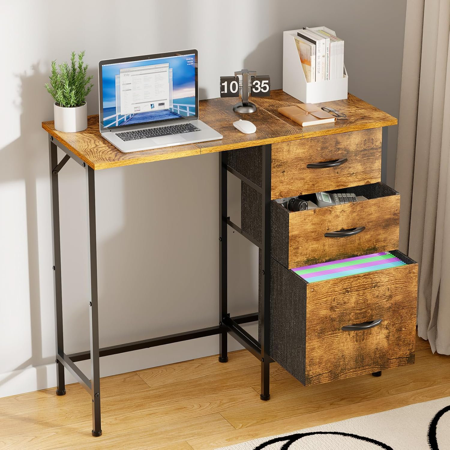 17 Stories Small Computer Desk With Fabric File Drawers Cabinet, 36 ...