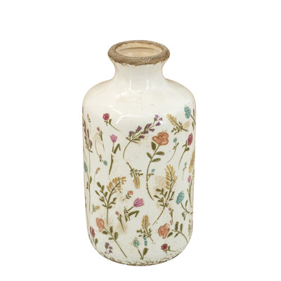 Ceramic Cylinder Vase With Multi-Colored Floral Motifs, 8.3"H Weathered Rim Decorative Vase For Living Room Mantel Dining Table Bedroom Dresser, 100% Ceramic Tabletop Accent (4.3"D X 8.3"H, 1.1 Lbs)