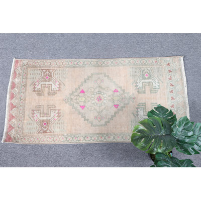 Vintage Turkish Door Mat In Beige With Pink Accents Handmade With Geometric Pattern For Unique Entryway Accent Ideal For Home Decor