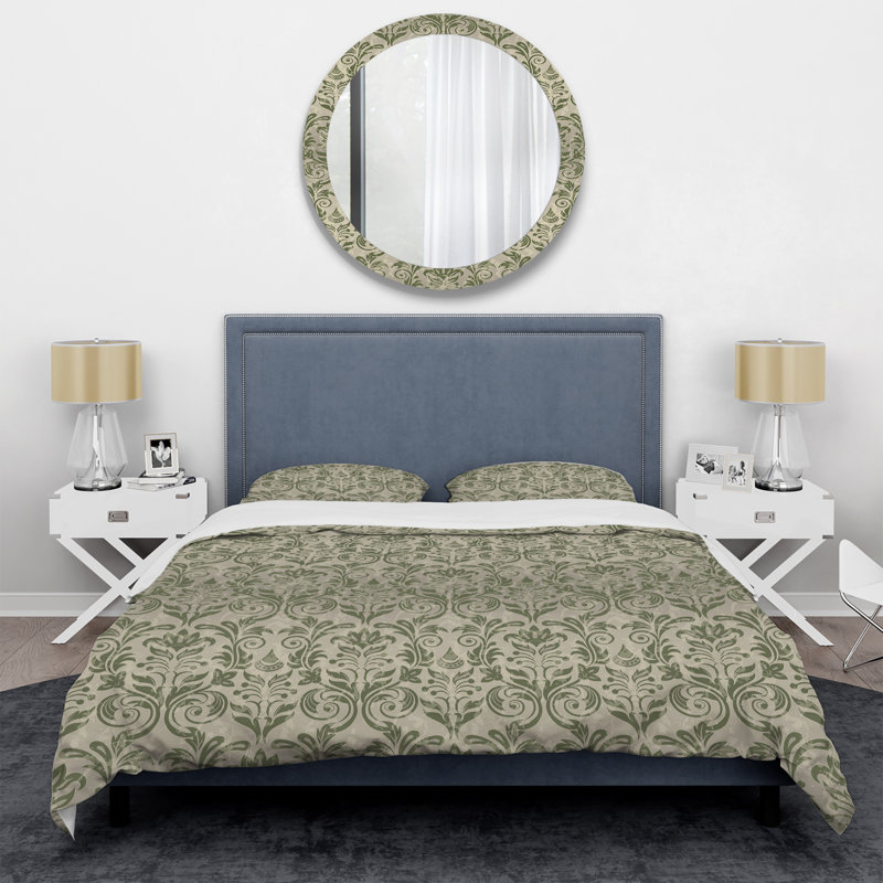 Green Damask - Abstract Duvet Cover Set - Microfiber Polyester, Queen Duvet Cover + 2 Standard Shams