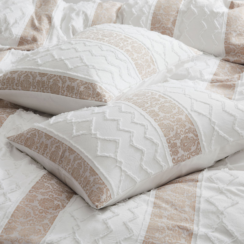 Boho Textured Duvet Cover Set, 3-Piece Lightweight Geometric Stripe Bedding Set with Zipper Closure & Corner Ties, Soft Microfiber Bohemian Chic Bed Set, Includes 2 Pillow Shams (Queen, Beige/White)