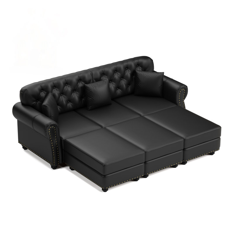 Canapé rembourré 82,6 po en similicuir avec garniture cloutée et accoudoirs roulés, style Chesterfield de style Mid-Century moderne, comprend 3 coussins, noir