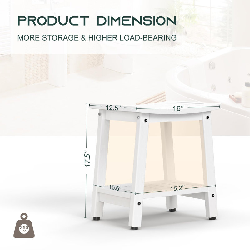 Shower Bench For Inside Shower - White HDPE Shower Stool Waterproof - Spa Bathroom Seat Chair With Handle, Storage Shelf, Adjustable Feet - Indoor/Outdoor, Weather Resistant