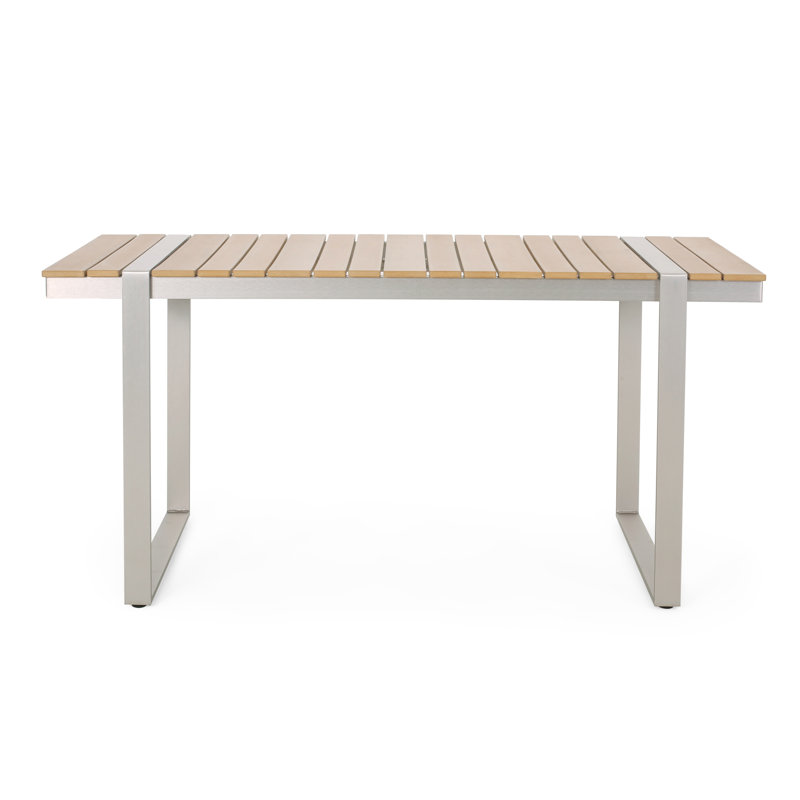  Élégante table de salle à manger d'extérieur en aluminium avec plateau élégant d'aspect bois, parfaite pour les repas et les réceptions, conception rectangulaire résistante aux intempéries, finition argent et bois