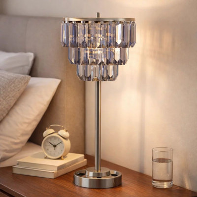 Lesy Accent Table Lamp, 28 Inch, Smoke Gray Crystal Shade, Metal Base