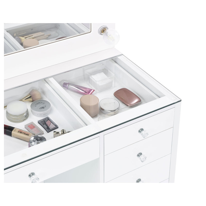 Ensemble coiffeuse Fern White laquée brillante à 7 tiroirs avec miroir éclairé et meuble latéral