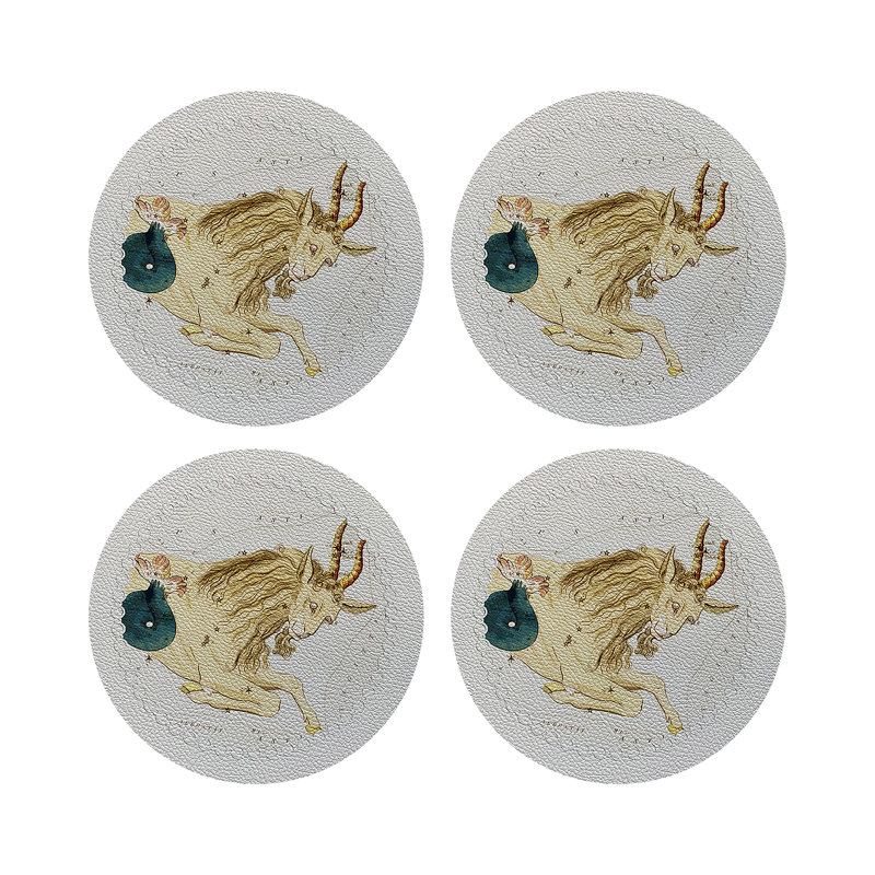 Zodiac Capricon Vegan Leather Round Pebble Placemat, White