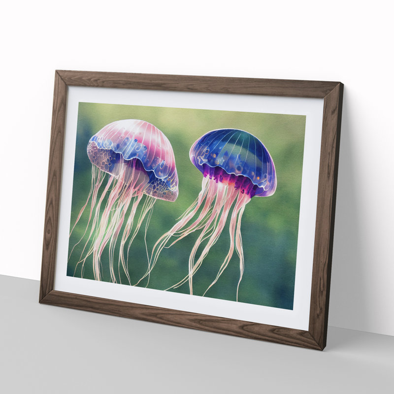 Watercolour Jellyfish - Single Picture Frame Print, 46cm H x 64cm W x 2cm D, Walnut