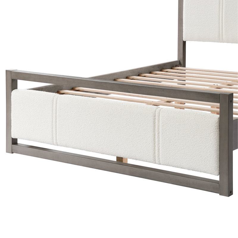 Grand lit avec structure en bois gris et revêtement Boucle, lattes solides, parfait pour le soutien général, tissu de la taille de la décoration de la chambre à coucher, structure, répartition uniforme du poids, mise à niveau
