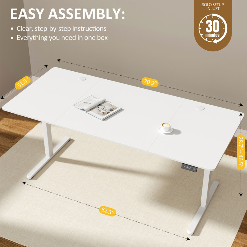 Bureau debout réglable électrique Oishee, Blanc, 46,5 po H x 70,9 po L x 31,5 po po