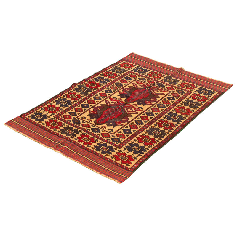 Tapis décoratif en laine rouge de conception unique noué à la main New Age 3 pi 10 po x 5 pi 10 po Cuiksa