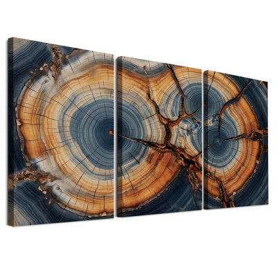 Ensemble de 3 toiles murales représentant des anneaux d'arbres craquelés bleus et orange
