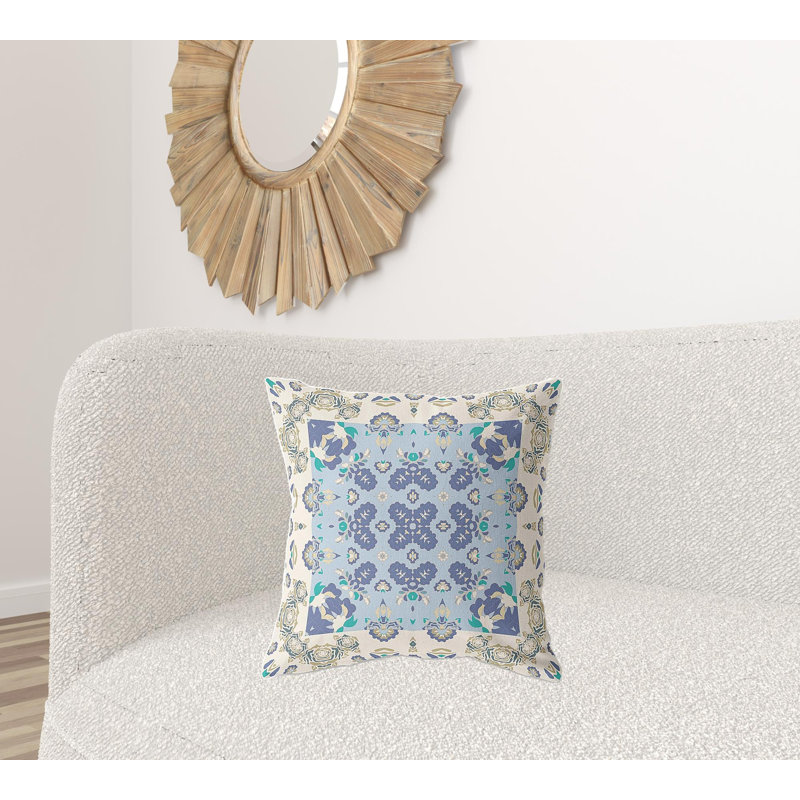 Coussin décoratif 20 po x 20 po Broadcloth, Blanc cassé / floral bleu
