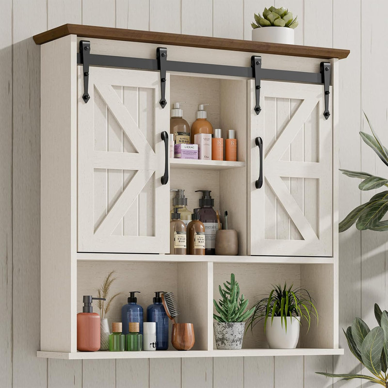 Armoire de salle de bain murale, armoire à pharmacie Farmhouse avec porte de grange coulissante double, blanc rustique