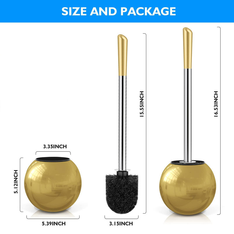 Ensemble de 2 brosses de toilette et porte-brosses, brosse de toilette en acier inoxydable 304 avec poignée longue et confortable, brosse de cuvette de toilette (or)