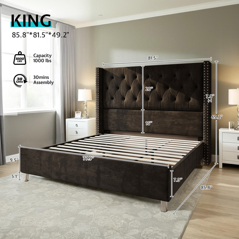 Occoquan Upholstered Wingback Bed, King, Black