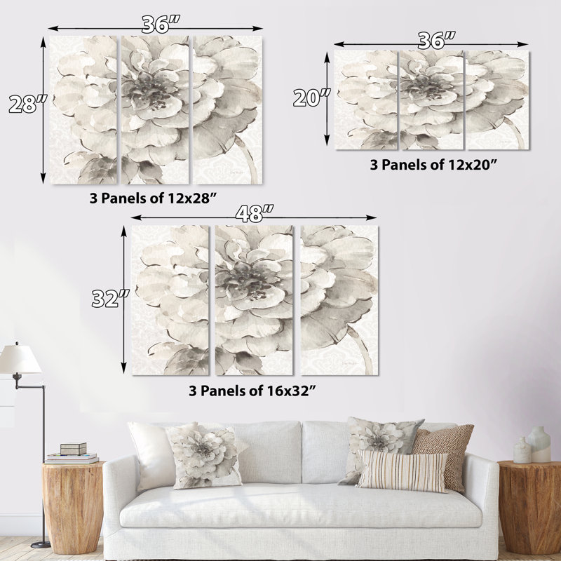 " Indigold Gray Peonies I " 3 - Pieces, 40" H x 60" W x 1" D