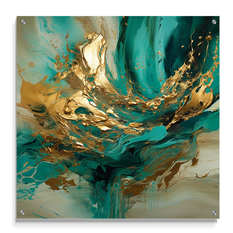 Or et vert dévoilant l'énergie IV - art abstrait géométrique mural en acrylique moderne, H 36 po x l 36 po