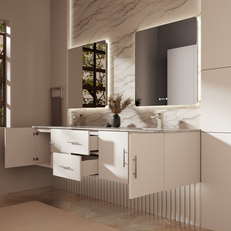 Ensemble de meuble-lavabo double mural 80 "avec miroir Geneva, Blanc lustré, Marbre de Carrare blanc