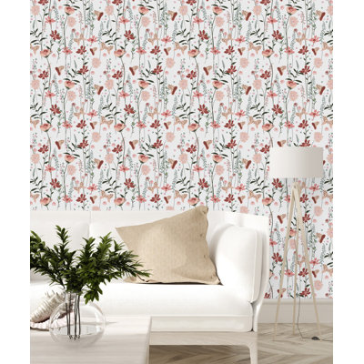 Papier peint blanc avec fleurs roses